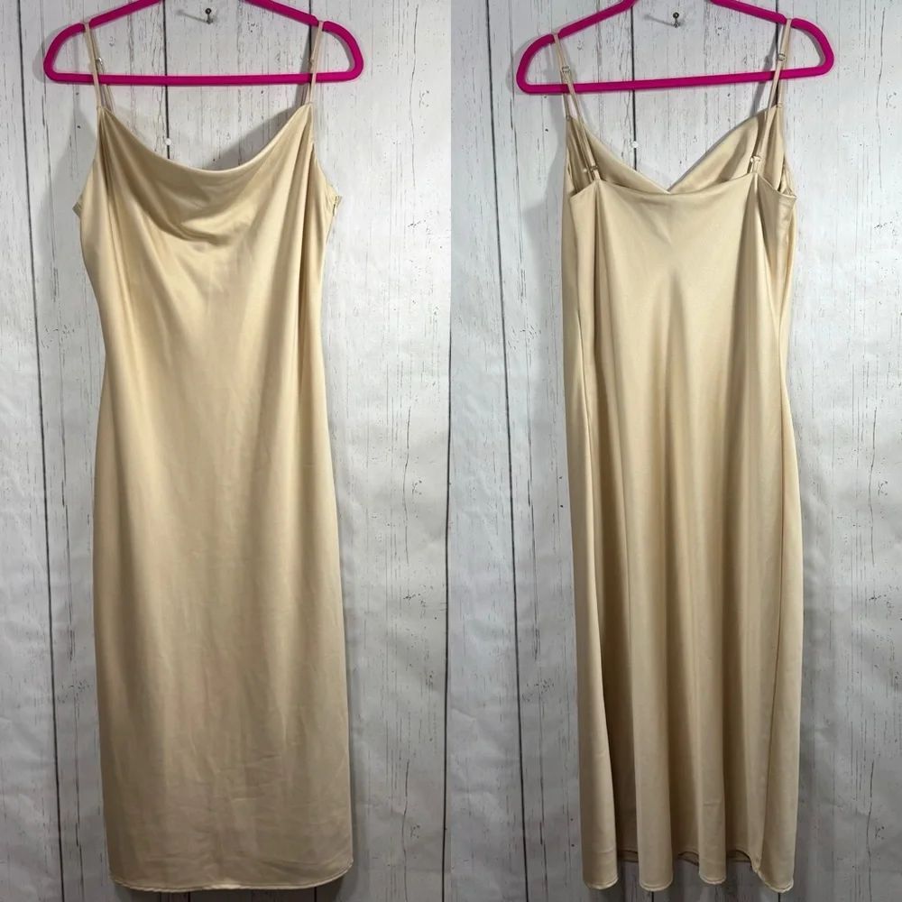 Birdy Grey Champagne Satin Cowl Neck Midi Slip Dress XL Bridesmaid Minimalist